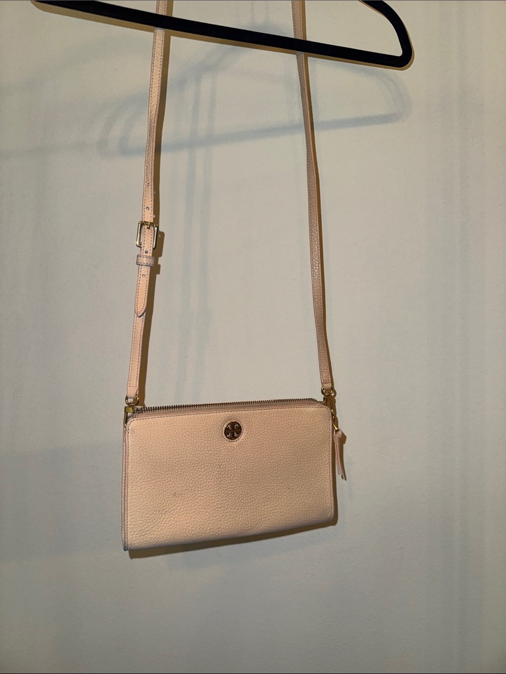Tory Burch Blush Pebbled Leather Crossbody with Gold Logo